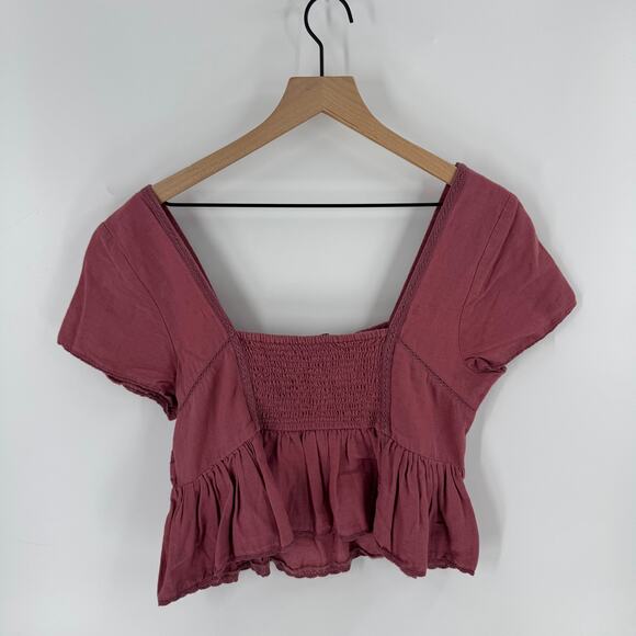 American Eagle Boho Square Neck Lace Detail Cropped Peplum Top Size Small - Picture 2 of 6